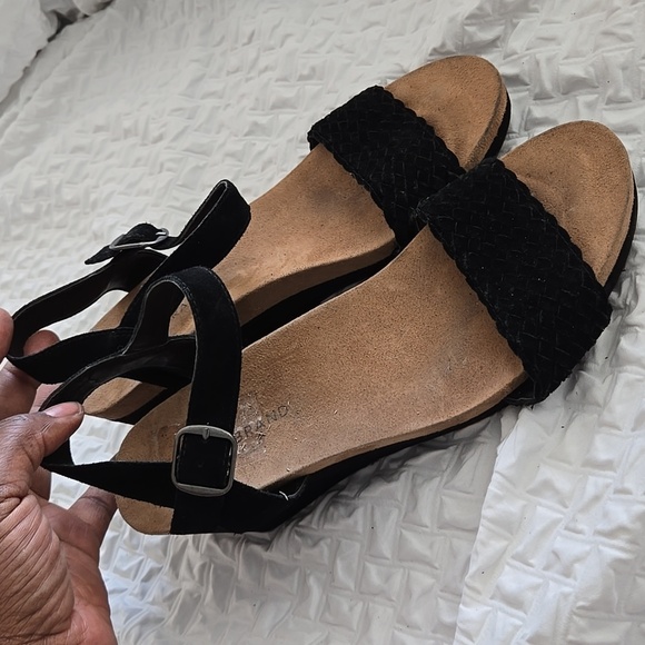 Lucky Brand Kenette Black and Tan Wedge Sandals Summer Shoes - Picture 10 of 11